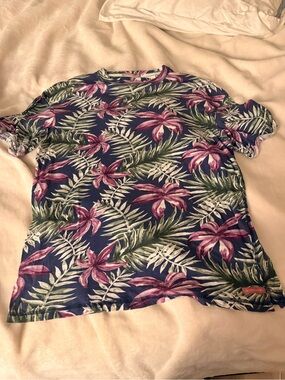 Scotch & Soda Navy Tropical Floral Short Sleeve Tee with Pink Flowers